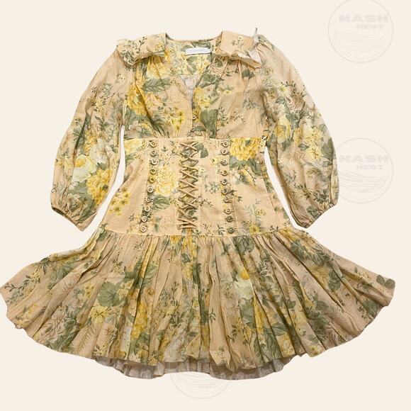 Zimmermann 2 US 6 Amelie Corset Dress | Floral Romantic Feminine Linen Mini $795 - Picture 2 of 14